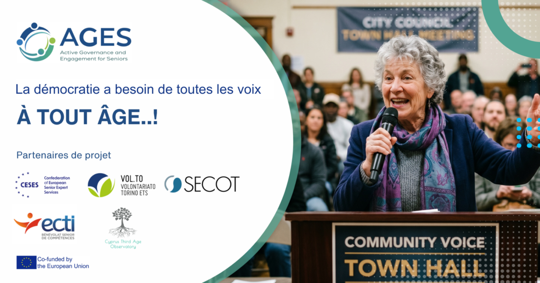 Photo d'une femme senior prenant la parole lors d'un rassemblement citoyen.